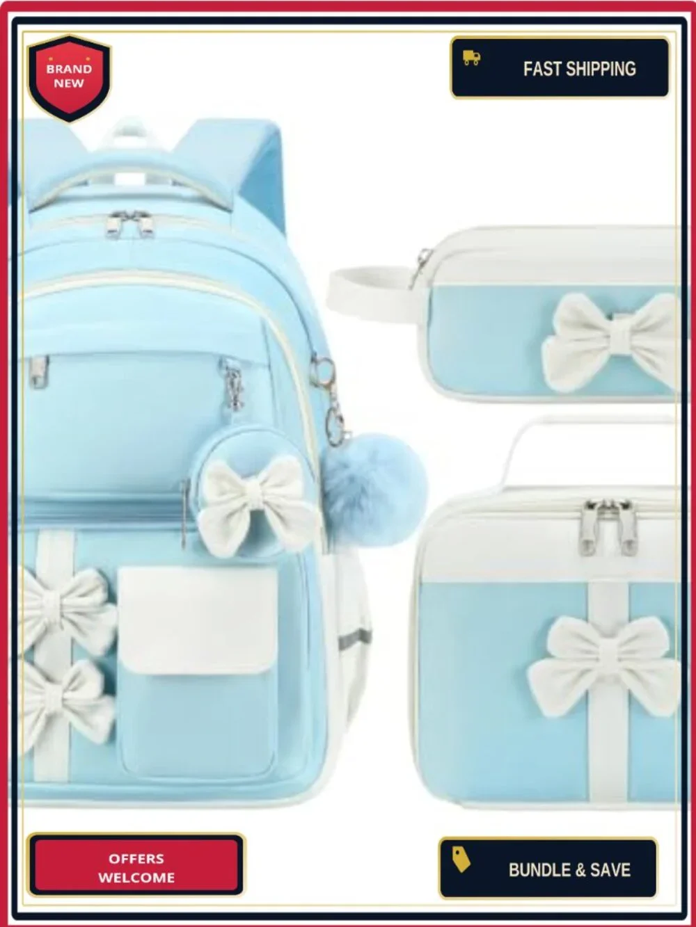 Waterproof Girls Backpack with Lunch Box USB Charging Port School Bookbag Teens